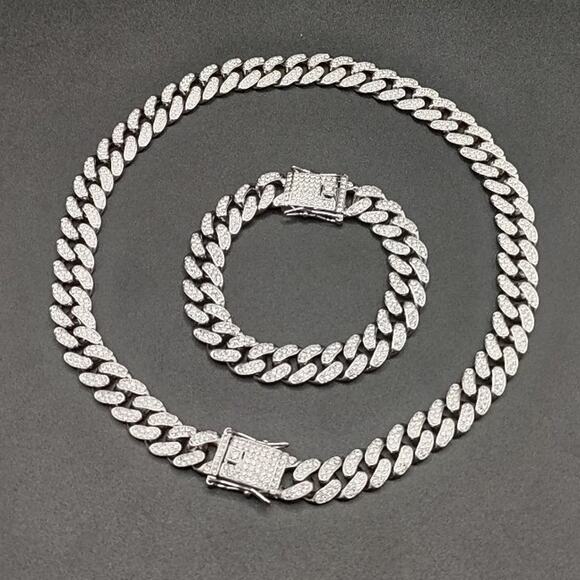 Silver Plated Necklace Bracelet Set Miami Cuban Iced Out 12mm Jewelry Gift NEW!